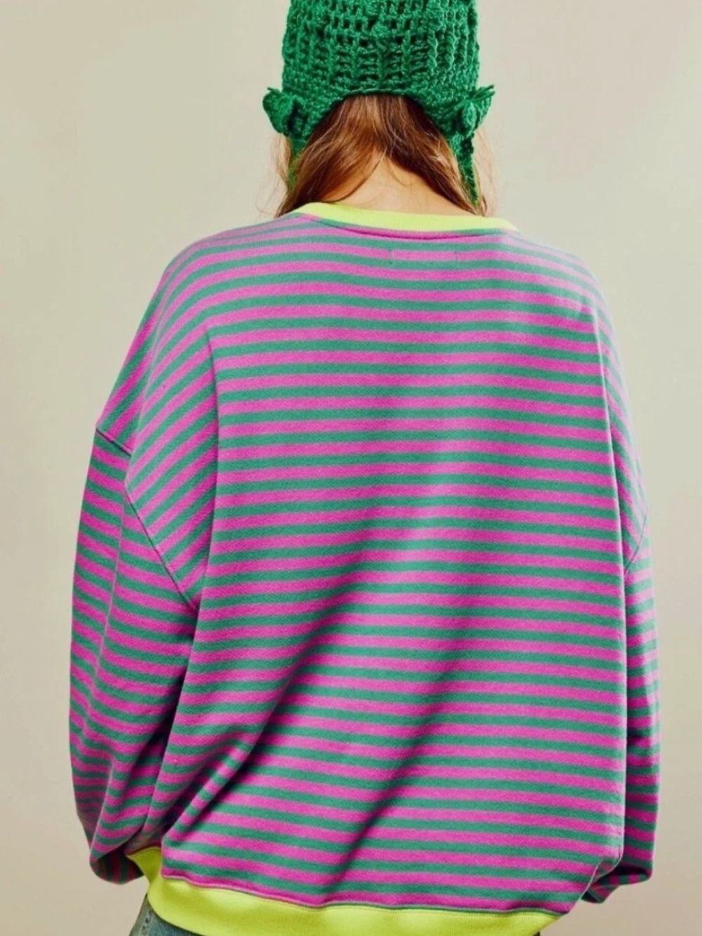 Free People Pink and Green Striped Oversized Crewneck | Size Medium - Picture 2 of 5